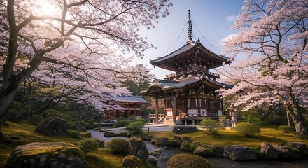 Fototapeta premium Ancient Japanese Pagoda Amidst Cherry Blossoms in Spring Garden.