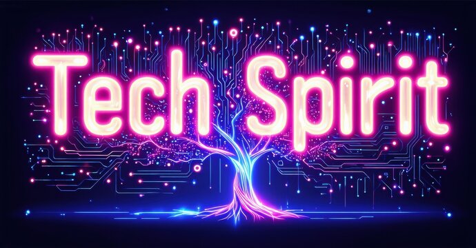 Bright neon text reads Tech Spirit above stylized tree roots embedded within circuit board design. Vivid purple, blue hues dominate dark background.