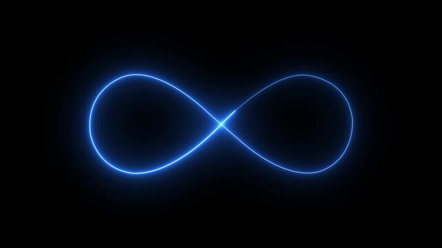 Glowing neon Blue Infinity symbol icon Animation on Black Background. infinity icon animation. Glowing infinity loop, neon energy flow in darkness. Eternity concept. Mathematical symbol of science.