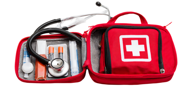 Red first aid kit bag opened with medical supplies including stethoscope on white background. 