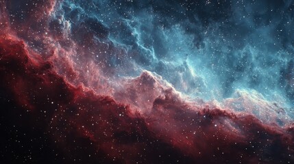 Vibrant cosmic cloudscape with nebulous formations displays blue and red galaxies amid a star-filled night sky in interstellar space