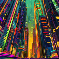 Obraz premium futuristic cityscape illustration with neon skyscrapers glowing in bold colors