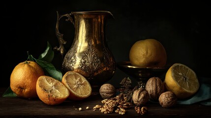 Moody still life of half-peeled citrus fruits, cracked walnuts, and a golden pitcher, strong Rembrandt-style