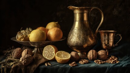 Moody still life of half-peeled citrus fruits, cracked walnuts, and a golden pitcher, strong Rembrandt-style