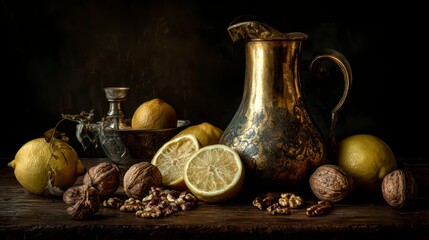 Moody still life of half-peeled citrus fruits, cracked walnuts, and a golden pitcher, strong Rembrandt-style