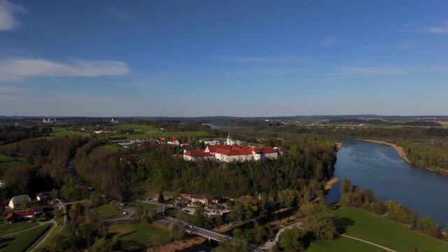 Luftbildaufnahme Kloster Attel bei Wasserburg mit Michaelskirche gehort zu den altesten Kultstatten des weiten Umkreises Wasserburg am Inn, Germany, Bavaria. Baroque architecture, spring landscape. 