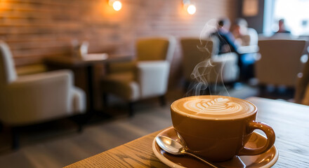 steaming cup of latte with art on a saucer in a cafe