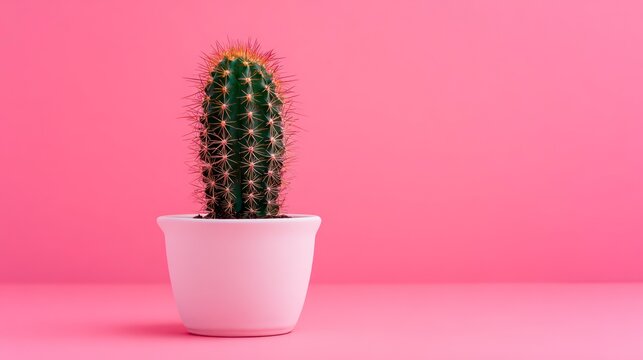 Single cactus in a white pot centered on a neon pink background, minimalist design photography
