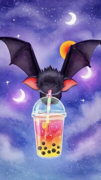 Adorable Bat Enjoying Boba Tea Under a Starry Night Sky with Crescent Moons. footage video