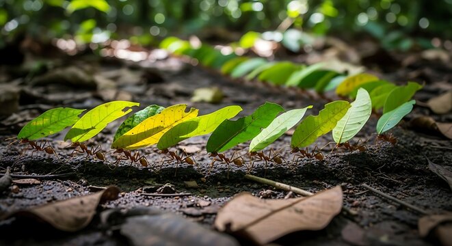 Ants carrying leaves show their hard work and harmony in a green natural background and brown soil