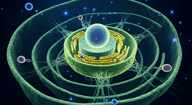 A digital illustration of an atom with a nucleus surrounded by electrons in orbit. The design features glowing lines and particles, representing atomic structure and energy.