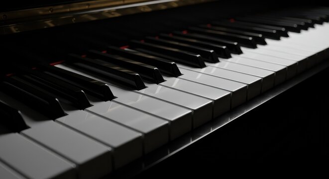 Close-up view of a piano keyboard's white and black keys, showcasing the intricate details and smooth, polished surfaces against a dark background.