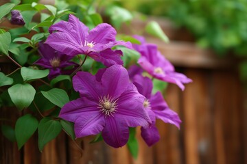 Vibrant purple clematis flowers blooming on wooden fence with lush green leaves