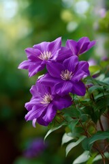 Fototapeta premium Vibrant purple clematis flowers blooming in lush green garden environment