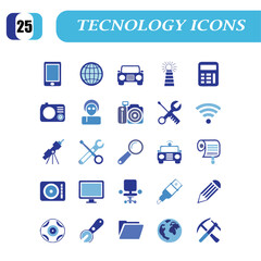 Collection of blue technology and business icons on a white background