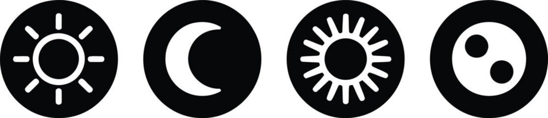 Four Contrasting Circular Icons Symbolic of Day Night Sun Moon and Duality in a Minimalist and Symbolic Representation