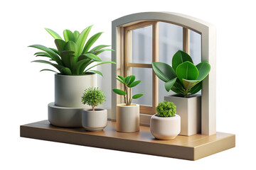 Indoor Plants and White Flowers on Wooden Shelf on transparent background- 3D rendering