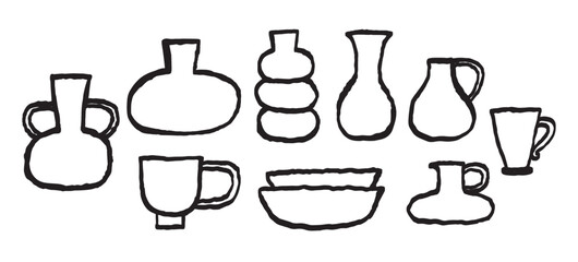 Collection of cute pottery. Ink hand drawn black line vector illustration on white background