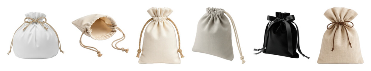 Drawstring pouch set including cotton, linen, velvet, and burlap options isolated. Eco-friendly packaging and gift bags.