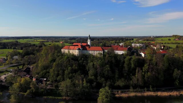Luftbildaufnahme Kloster Attel bei Wasserburg mit Michaelskirche gehort zu den altesten Kultstatten des weiten Umkreises Wasserburg am Inn, Germany, Bavaria. Baroque architecture, spring landscape. 