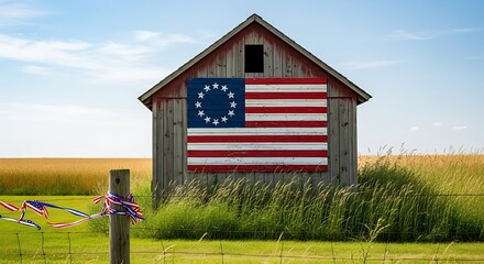 American Heritage Barn with Betsy Ross Flag in Rural Landscape.