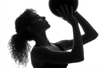 Silhouette of female athlete holding basketball preparing for shot