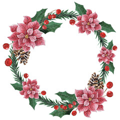 Watercolor Poinsettia Wreath Christmas Design