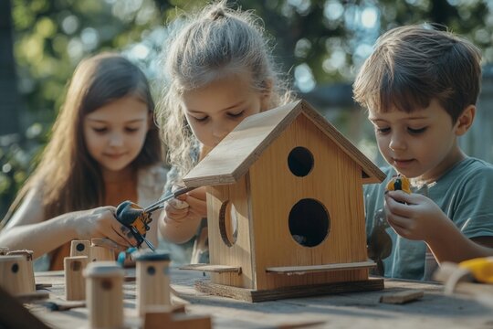 Family constructing wooden birdhouse outdoors together