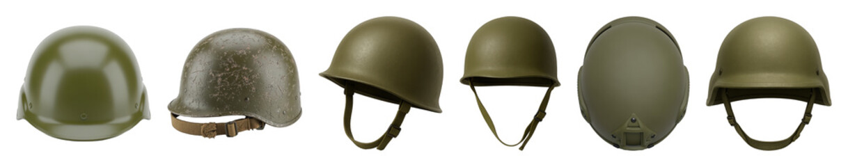 Fototapeta premium Military helmet set including various views, new, and distressed versions isolated. Army and defense equipment collection.