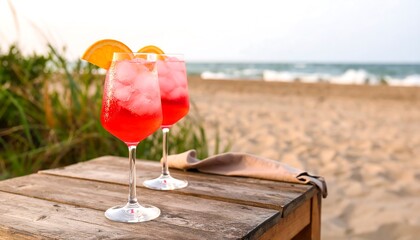 Two vibrant cocktails on a beachside table