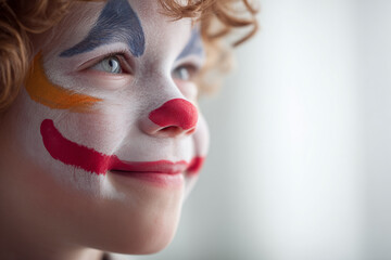 Realistic photo of African boy with colorful clown face paint, laughing joyfully, bright clean background