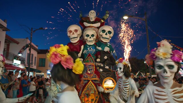 Festive Day of the Dead parade with colorful catrina costumes and marigold adornments in a vibrant mexican town square