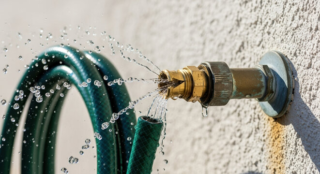 Leaky garden hose spraying water from damaged nozzle. Hose is coiled on wall near leaking faucet. Water leaks from connection. Repair needed. Damaged garden hose concept for plumbing service ads.