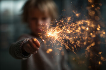 Birthday boy waving sparkler, motion blur on sparkler sparks, fun energetic party moment