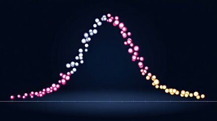 Abstract representation of a bell curve or normal distribution made of glowing particles in pink, white, and yellow, against a dark background.