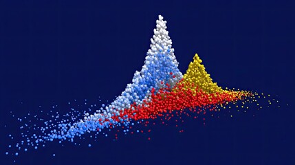 Abstract 3d render of colorful particles forming mountainlike shapes in red, white, and blue, against a deep blue background, symbolizing growth .