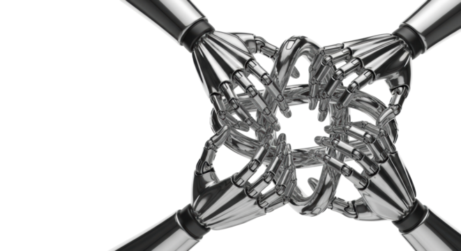 Four chrome robotic hands, digits interwoven into a precise knot, on a transparent background with copy space, concept of future technology and precision engineering