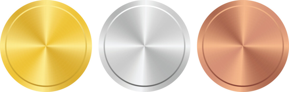 Award golden, silver and bronze blank medals vector realistic illustration. medals or buttons isolated on transparent background.