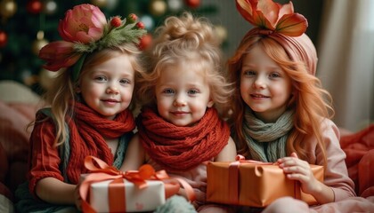 Three little girls in festive clothes hold Christmas presents against the background of a beautifully decorated Christmas tree. Their funny hats with flowers .