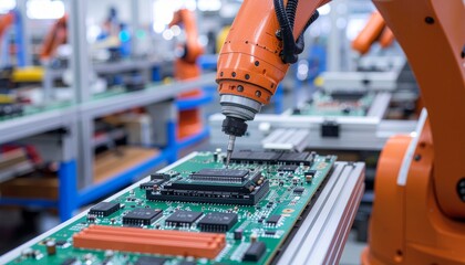 Robotic arm assembling electronic components in factory