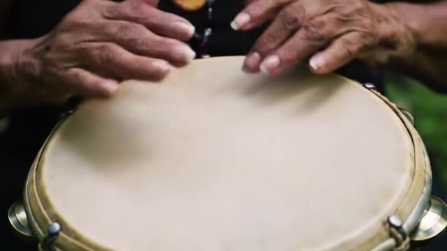 Hands playing a Brazilian musical instrument (e.g. Pandeiro, Cavaquinho). 