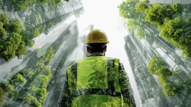 Sustainable Vision: A construction worker looks up at skyscrapers, envisioned with intertwined foliage, symbolizing a future where architecture harmonizes with nature.