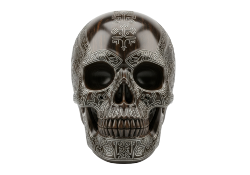 Imposing human skull carved from dark petrified wood with shimmering silver veins, intricately etched with cryptic glyphs, on a transparent background with copy space. Concept of ancient history