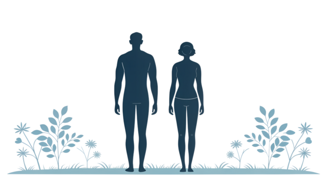 Silhouette of a tall man and shorter woman with noticeable height difference, depicted in a minimal vector art style, symbolizing diversity, posture comparison, and gender contrast.