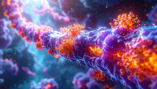 Stylized microscopic view of nerve fiber interacting with virus-like particles—purple-blue axon structure with orange-red spherical pathogens in soft cellular haze. - Powered by Adobe
