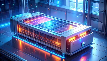 Modern data center with illuminated server rack featuring blue and orange LEDs, organized hardware units, reflective floors, and digital infrastructure—symbolizing cloud computing and IT systems.