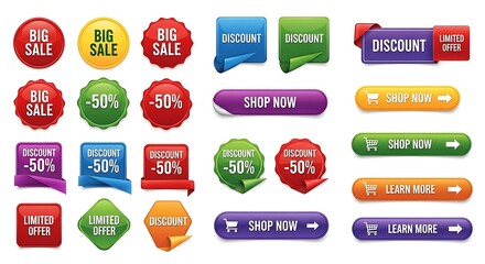 Assorted vibrant promotional badges and buttons indicating discounts and special offers