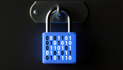 Security lock on a blue door with binary code