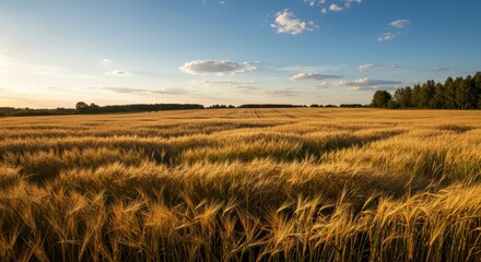 Obraz premium A vast expanse of golden wheat fields under a beautiful, late-day sky, filled with gentle clouds, showcasing a serene and peaceful rural landscape.