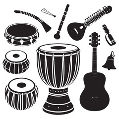 Collection of traditional indian musical instruments silhouette vector illustration featuring sitar tabla guitar and flutes